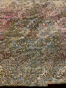 Antique Handmade Persian Rm Sz Wool Rug: Rug is handmade and wool. Piece is vintage possibly antique. Rug is Persian. Piece has intricate multi toned floral motif detail. Rug is Room sized. Edges have short cream toned fringes. Rug measures