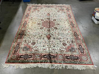 Vtg Handmade Oriental Room Sz Fringed Silk Rug: Rug is handmade and silk. Piece is vintage possibly antique. Rug is Oriental. Piece has intricate multi toned floral motif detail. Rug is oversized. Edges have short cream toned fringes. Rug measures