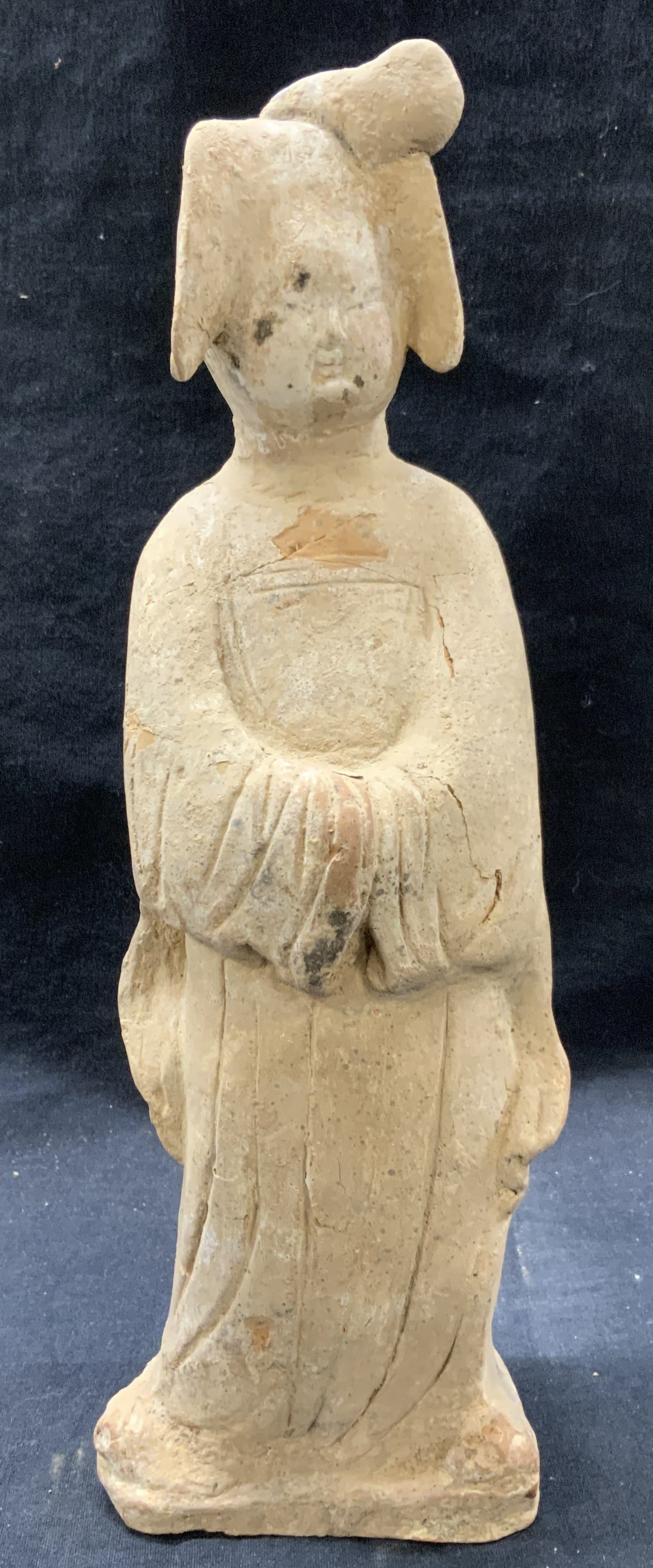 Vintage Tang Sancai Style Asian Clay Figural: Vintage Clay figure of a Chinese woman in robes holdiner her hands in front pot her. Made of clay with a lighter tone coating. Approx 13 inches tall Evident cracking to clay and losses to over coating