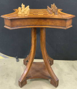 Antique Inlaid Chess Table W/ Chess Pieces: Antique inlaid wooden chess table with chess pieces. Two drawers with dovetailing to the sides. Metal drawer pulls. Measures approx. 30H x 23.25D x 24W in. Jonathan Charles Fine Furniture dust bag to