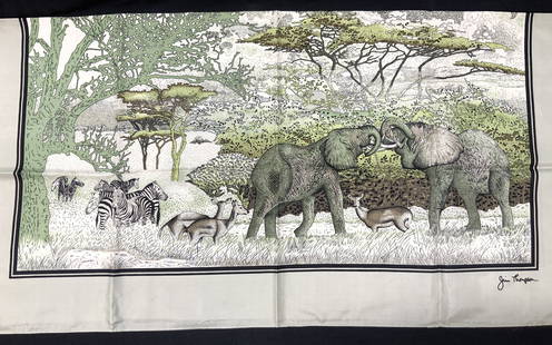 JIM THOMPSON Rolled Thai Silk Scarf/ Shawl: Marked on scarf and on bag, Jim Thomson, this silk, center image depicts a jungle with Elephants, zebras and deer in the foreground and vast green trees throughout. Approx 33 x 33 inches. Moderate wea