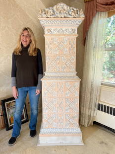 Antique Austrian Porcelain Tile Stove: Antique Austrian Porcelain Tile Stove from original Vienna Apartment. Piece has white, pink, light blue toned & gilt floral motif detail. Crown of piece has intricate floral, scroll and leaf detail. P