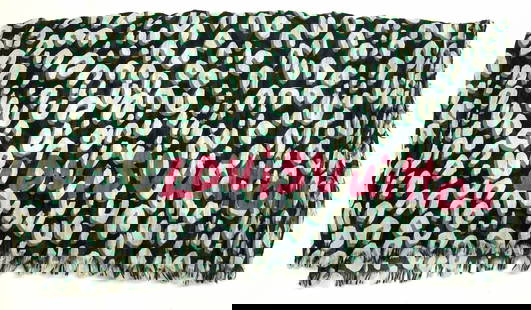 LOUIS VUITTON Tagged Cotton Leopard Scarf: Marked on tag 100% Cotton, marked in tag and scarf, Louis Vuitton. Black and green leopard pattern with pink Louis Vuitton on one end of the scarf. Approx 6Ft x 17 inches wide Moderate wearing to colo