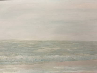 Yvonne Schwartz Sgd, 2ft x 6ft Oil Painting, 79: Signed on lower left corner Yvonne Schwartz, 79 Approximately 2ft x 6ft long, window measures 23 x 71 inches. Depicts a green toned ocean and a blue and pink sky. Framed in a silver toned metal frame.