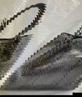 Phil Luangrath Blue Sea Snakeskin Handbag, Italy: Grey- blue Phil Luangrath exotic skin handbag/ shoulder bag made of sea snakeskin . Comes with a black cotton CHANEL dust bag. Functions as a handbag with dual grab corner handles, 6 in. Drop. Also ha