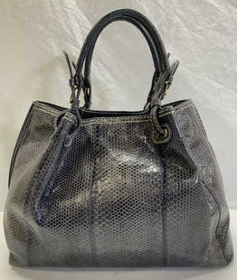 Phil Luangrath Blue Sea Snakeskin Handbag, Italy: Grey- blue Phil Luangrath exotic skin handbag/ shoulder bag made of sea snakeskin . Comes with a black cotton CHANEL dust bag. Functions as a handbag with dual grab corner handles, 6 in. Drop. Also ha