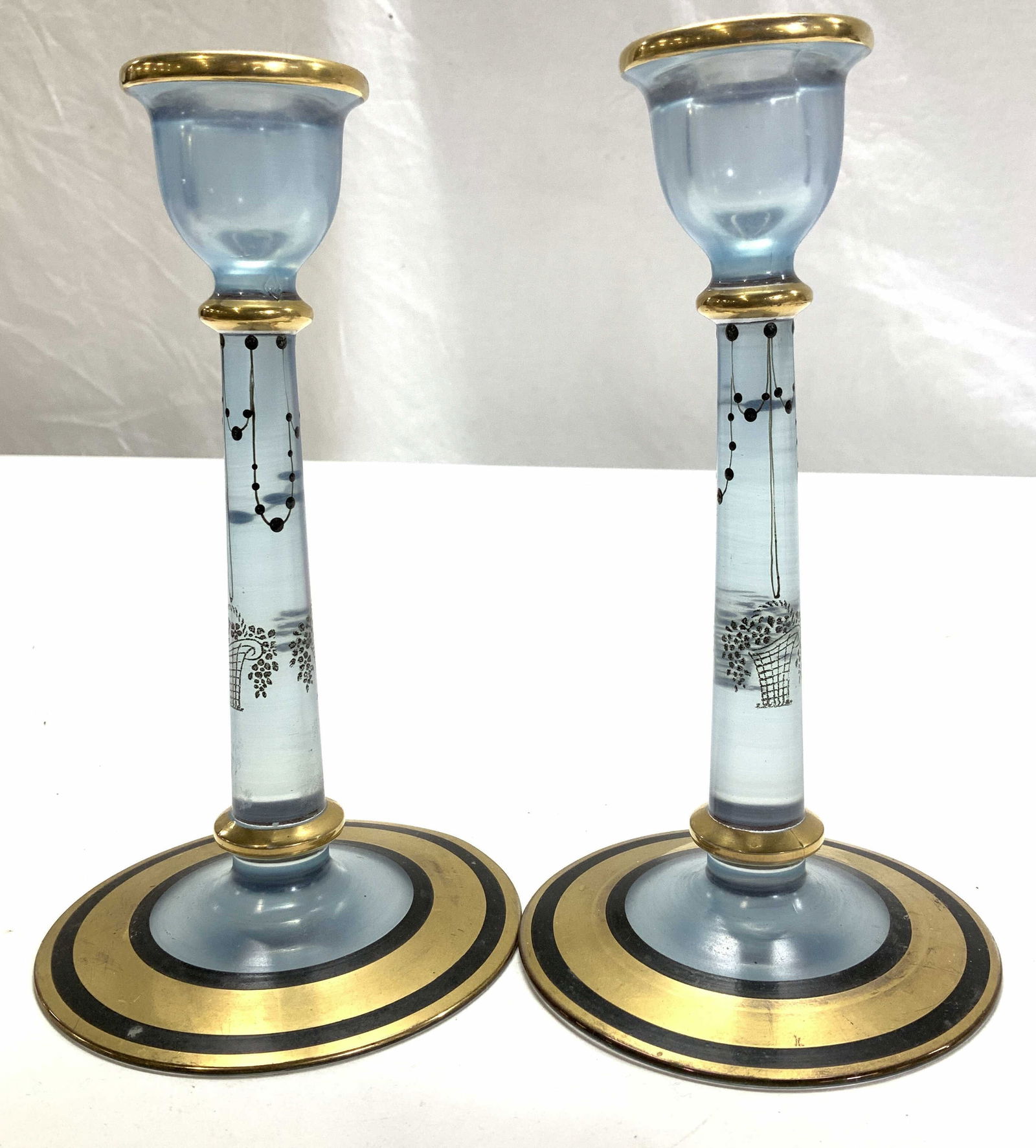 Pr Heisey Co Glass/Gilt Candlesticks, Antique (1 of 7)