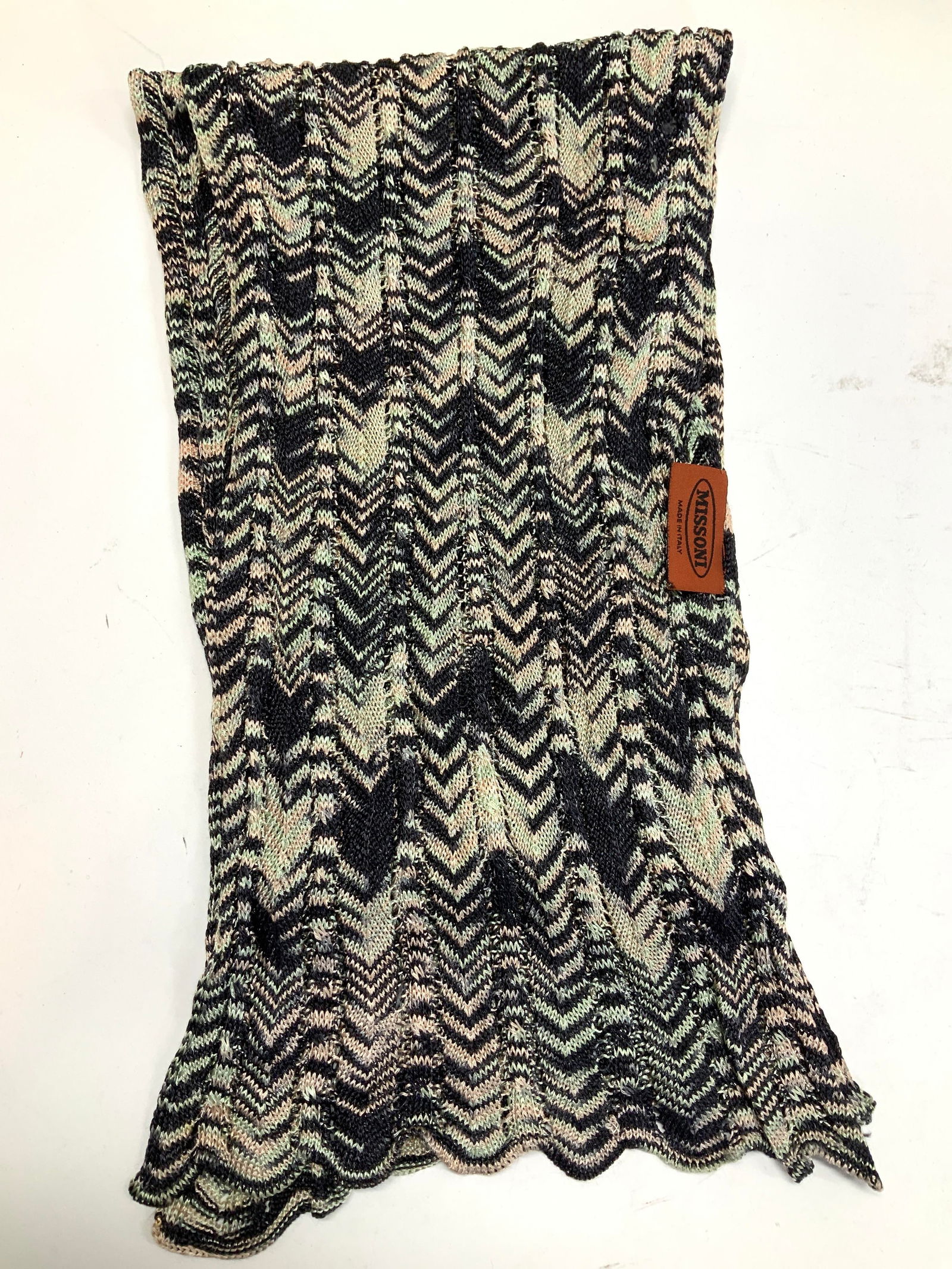 MISSONI Herringbone Pattern Scarf, Italy: Vintage MISSONI Italy labeled knit scarf with herringbone pattern in colors of black, mink Greek, and light pink. 1 thread pull noted. Measures 9 x 66. MISSONI fashion scarf, MISSONI Knit scarf, Ladie