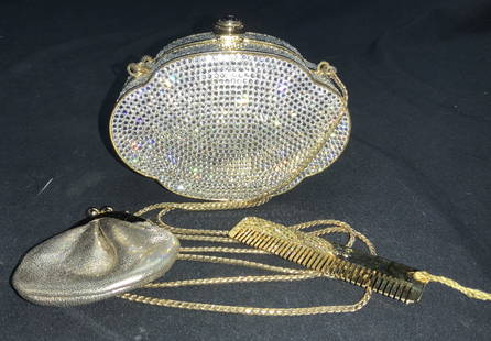 Judith LEIBER Crystal/Leather Minaudiere Purse, 3: Made in Italy Judith Leiber SWAROVSKI Crystal minaudiere clutch/ shoulder purse with 2 accessories- gold plated miniature comb with tassel ( marked made in Italy) and a metallic gold leather mini chan