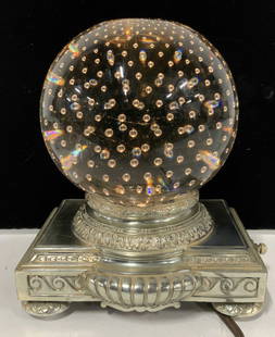 PAIRPONT Controlled Bubble Glass Paperweight Lamp: RARE Pairpoint table Lamp with controlled bubble glass paperweight orb. In working condition. Silver plated footed Base , signed Pairpoint E8018., Clear glass orb has a crystal rainbow vector , contro