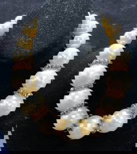 Faux Pearl & Crystal Statement Choker Necklace: Vintage faux pearl and gold tone crystal decorated statement choker necklace, Chanel style. Drop length approx. 8 inches. Some scratching observed. Property of Manhattan estates and fashion industry e