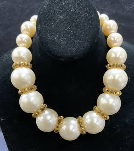 Faux Pearl & Crystal Statement Choker Necklace: Vintage faux pearl and gold tone crystal decorated statement choker necklace, Chanel style. Drop length approx. 8 inches. Some scratching observed. Property of Manhattan estates and fashion industry e