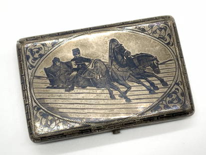 Antique C.1860 Sterling Russian Keepsake Box: Antique Russian keepsake/ cigarette box, stamped on interior CH, exterior has ornate designs on one side and other depicts a man on a horse drawn shield. Tested positive for sterling using Puritest me