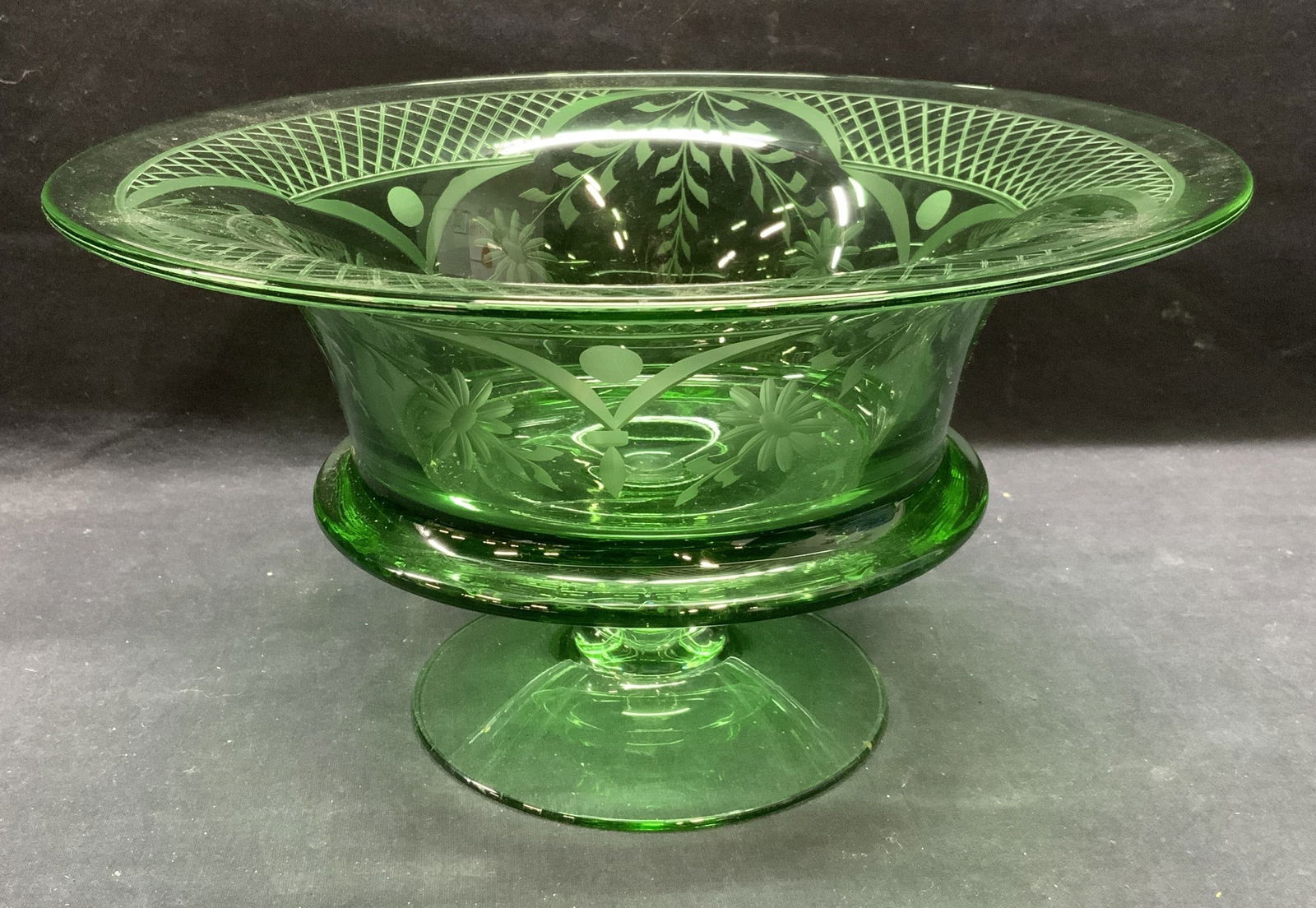 Vintage Heavy Etched Green Glass Centerpiece Bowl (1 of 8)