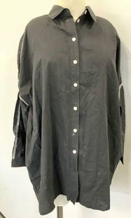 CHANEL FRANCE Black Cotton Button Down Shirt: CHANEL labeled black cotton long sleeve shirt with pockets. Button down, size Large. Appliqu? trim along sleeve 48 in. Waist, 28.5 in. Long. Ladies wearables, vintage CHANEL Black Cotton Shirt, made i