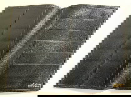 Lederer Leather Credit Card & Money Wallet, France: Black leather wallet, hallmarked Lederer Made in France in gilt..Appears never used. Holds multiple credit cards, paper money, repots, and possibly a passport. 5 7/8 in. x 4.25 in. Property of Manhatt