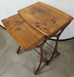 Austrian Art Nouveau Set 2 Vntg Nesting Tables: Tables are Austrian art nouveau. Possibly antique. Largest table in lot measures approx 31 inches tall 24 inches wide 17 inches deep. Vintage nesting tables, vintage furniture, art nouveau, art nouvea