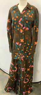 2 Lanvin Boutique Mid Cent Geo Print Outfit France: c. 1960s Lanvin Boutique bell bottom pants and matching tube shirt. Made in France. org labels attached. Brown polyester with neon geometric print squares in pink, orange, turquoise, and moss green. S