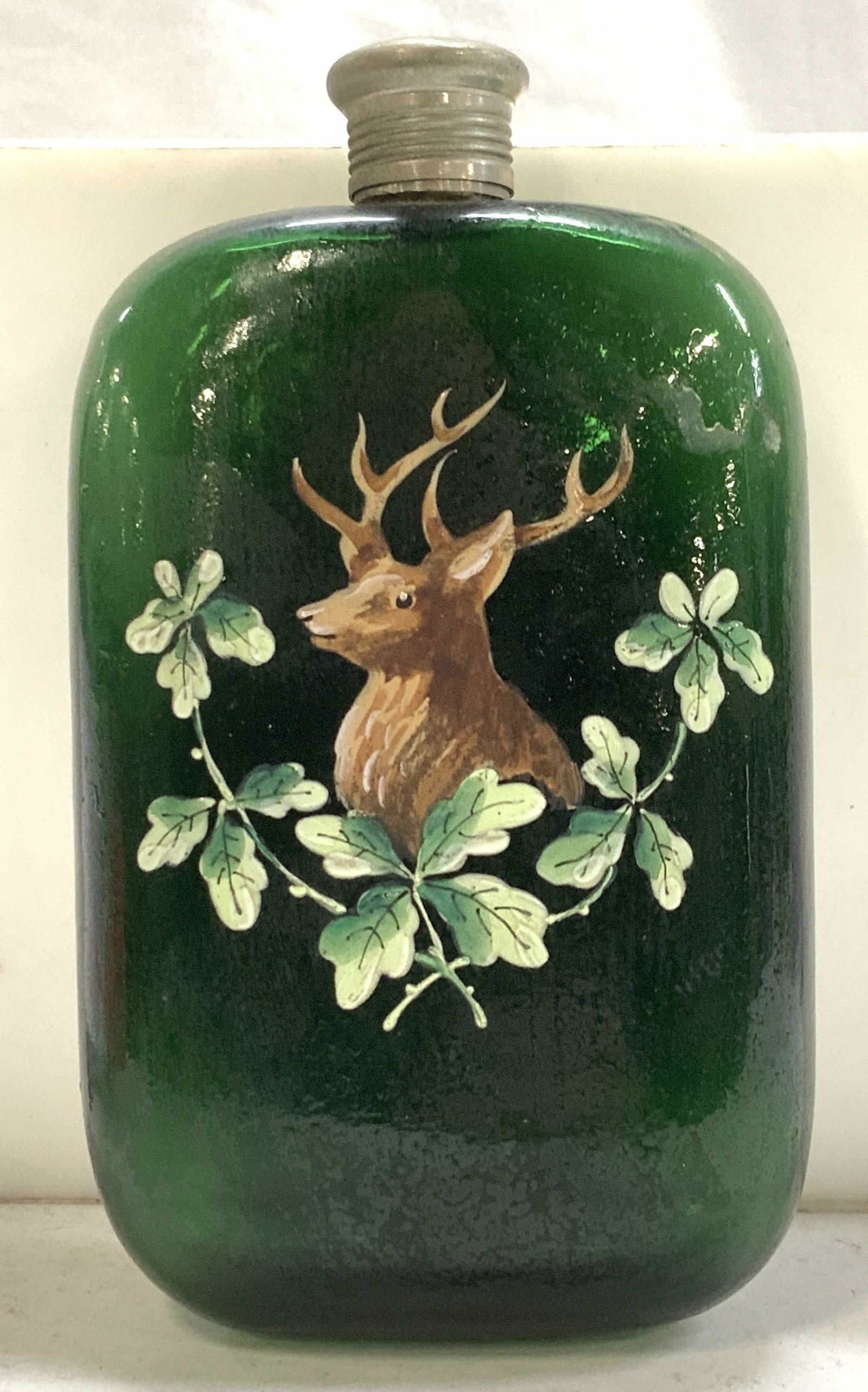 Hand Painted Stag on Green Glass Canteen Flask (1 of 8)