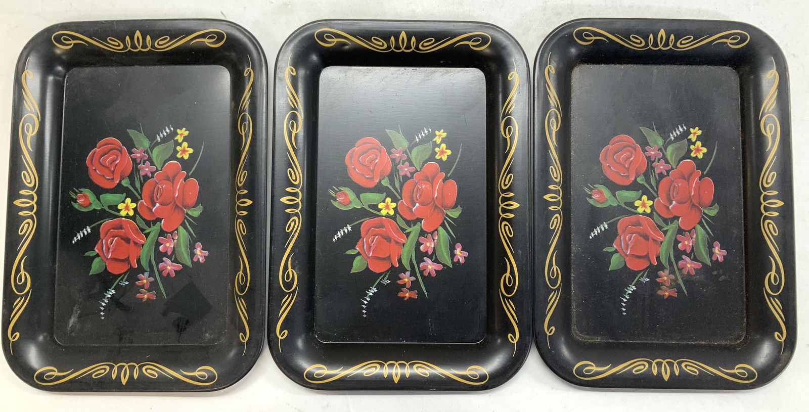 Set 3 Vintage Toleware Vanity Trays W Botanicals (1 of 6)