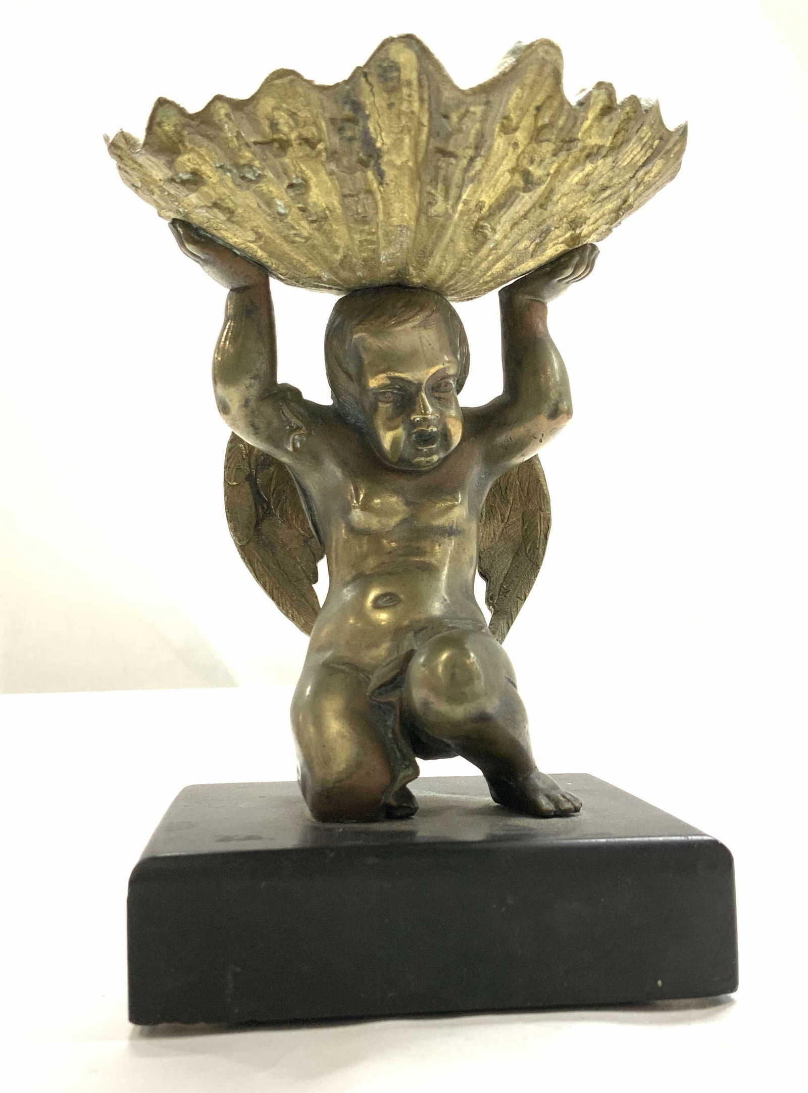 Cherub Uplifting Clam Shell Bronze Tazza, Statue (1 of 7)