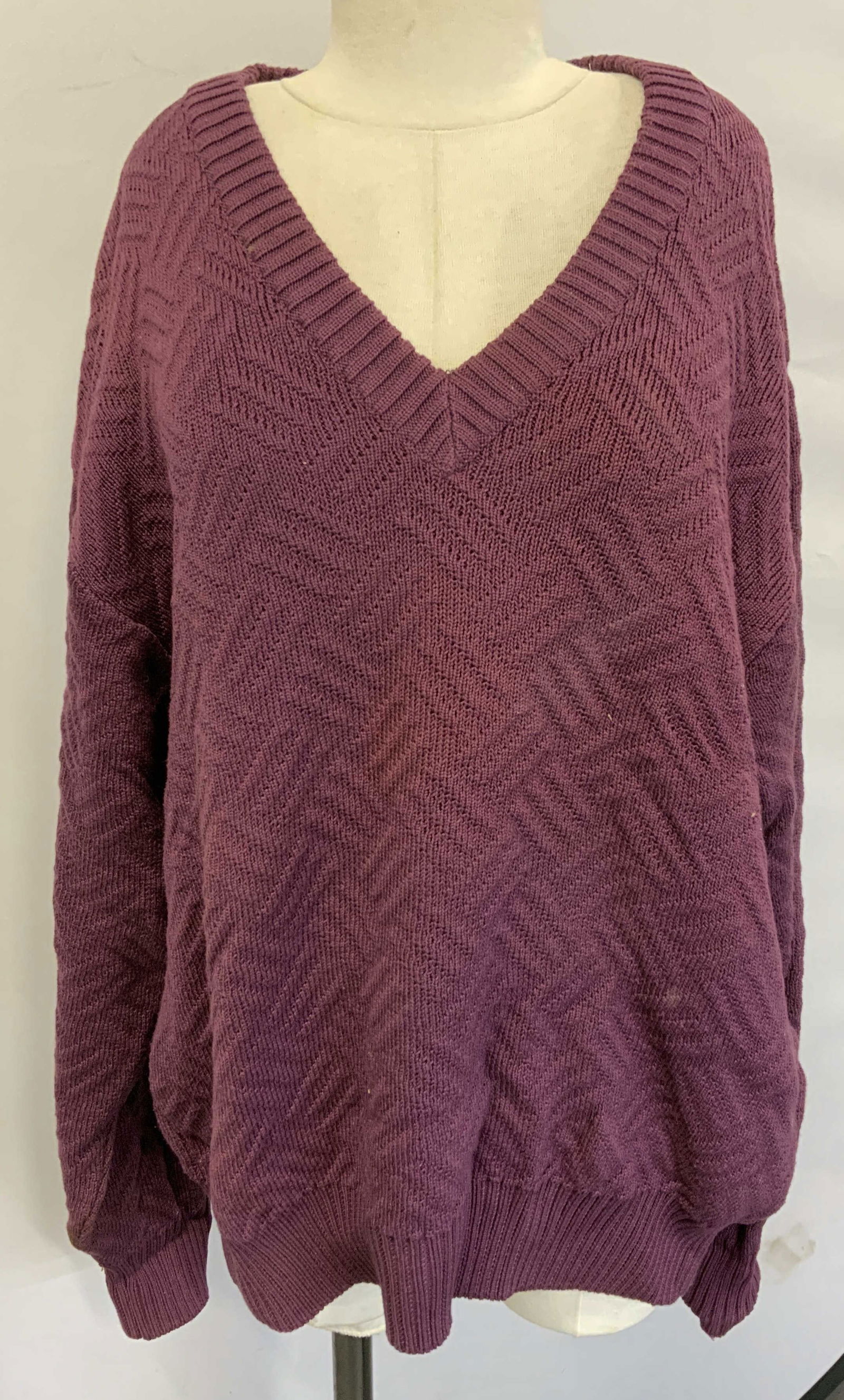 DUNHILL Purple Cotton V Neck Sweater, Italy: DUNHILL purple knit cotton v neck sweater. Made in Italy. Size 44. Some wear to material consistent with exposure. Property of Manhattan estates and fashion industry executive. DUNHILL, DUNHILL sweate