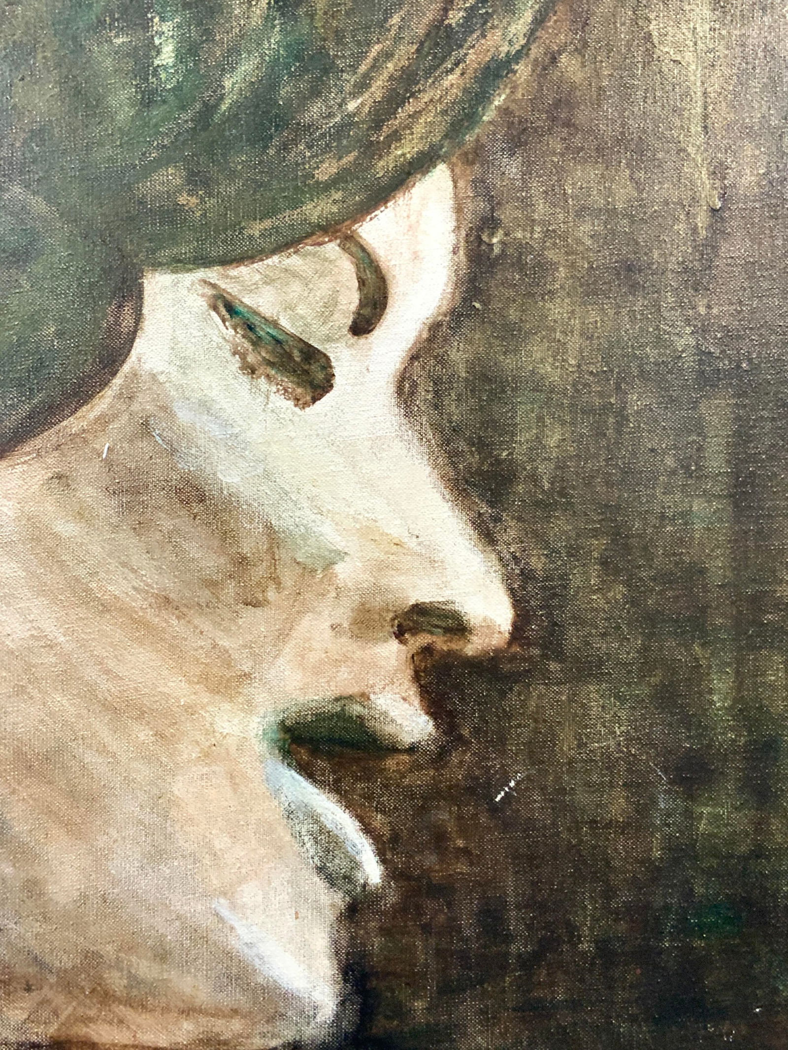 K.Atlas Signed Womans Profile Oil Painting: Signed on lower right corner K.Atlas Depicts the profile of a woman in tones of green. Double framed in a linen outer panel and gold leafed wooden frame. Approx 24.25 x 20.25 inches window measures 17