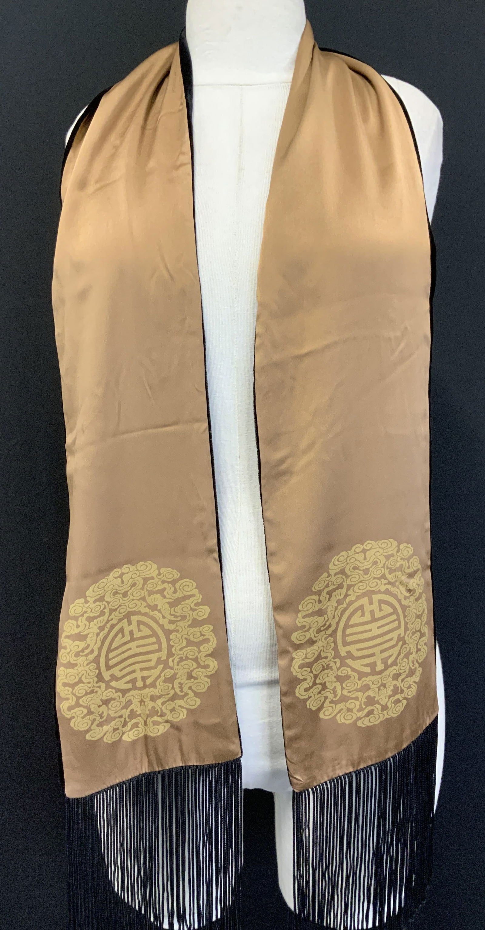 Asian SILK & VELVET Scarf w Tassels, Shou Symbol (1 of 6)