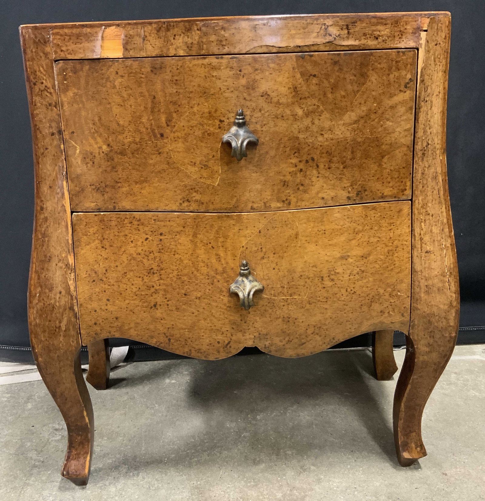 Vintage 2 Drawer Burlwood Nightstand ITALY: Underside is marked for ITALY. Nightstand is vintage & wooden. Piece has 2 drawers. Each with uniquely shaped metal handles. Nightstand measures approximately 20 inches tall 18 inches wide 12 inches d