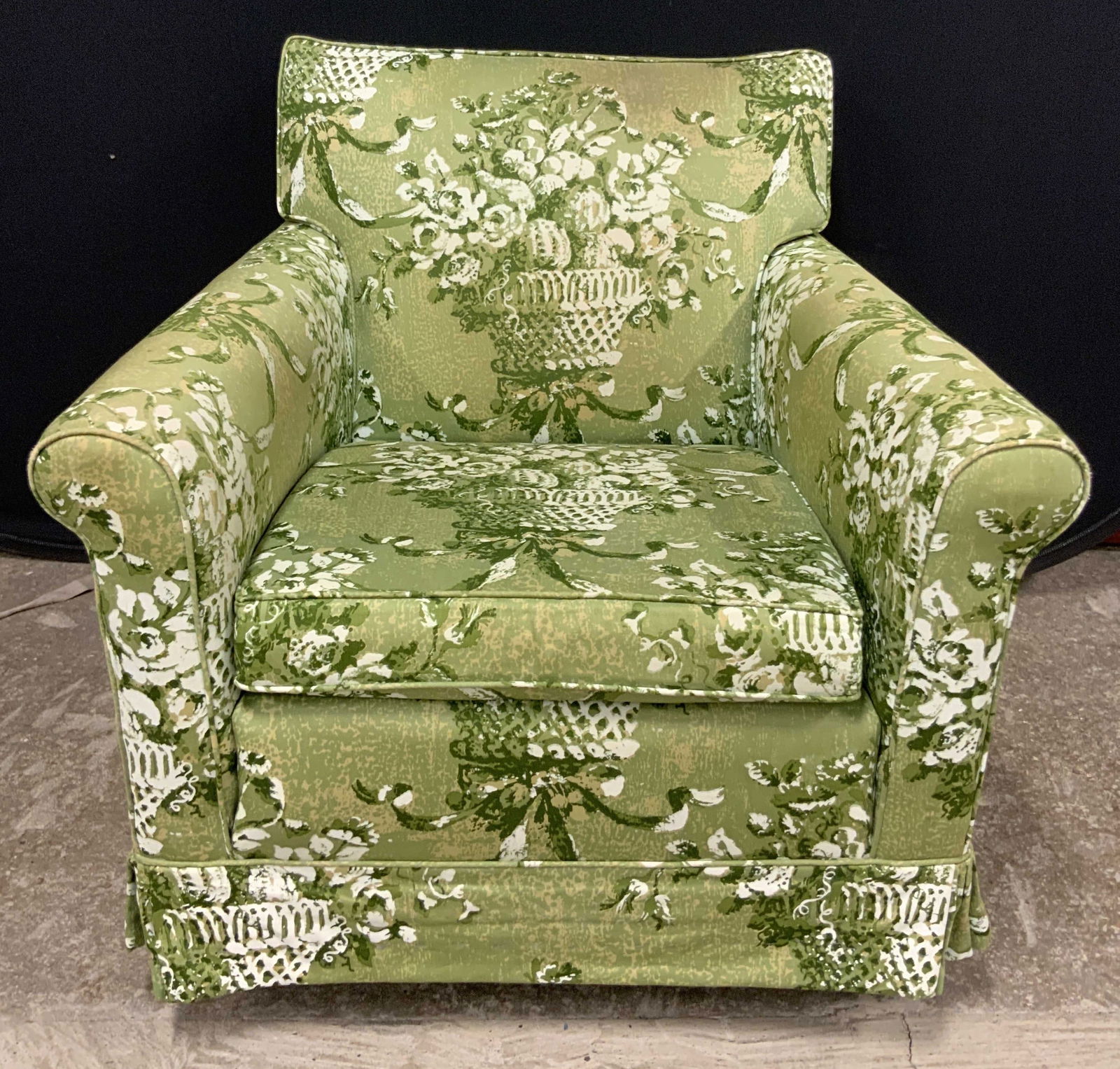 Vintage Green Pattern Upholstery Skirted Armchair (1 of 11)