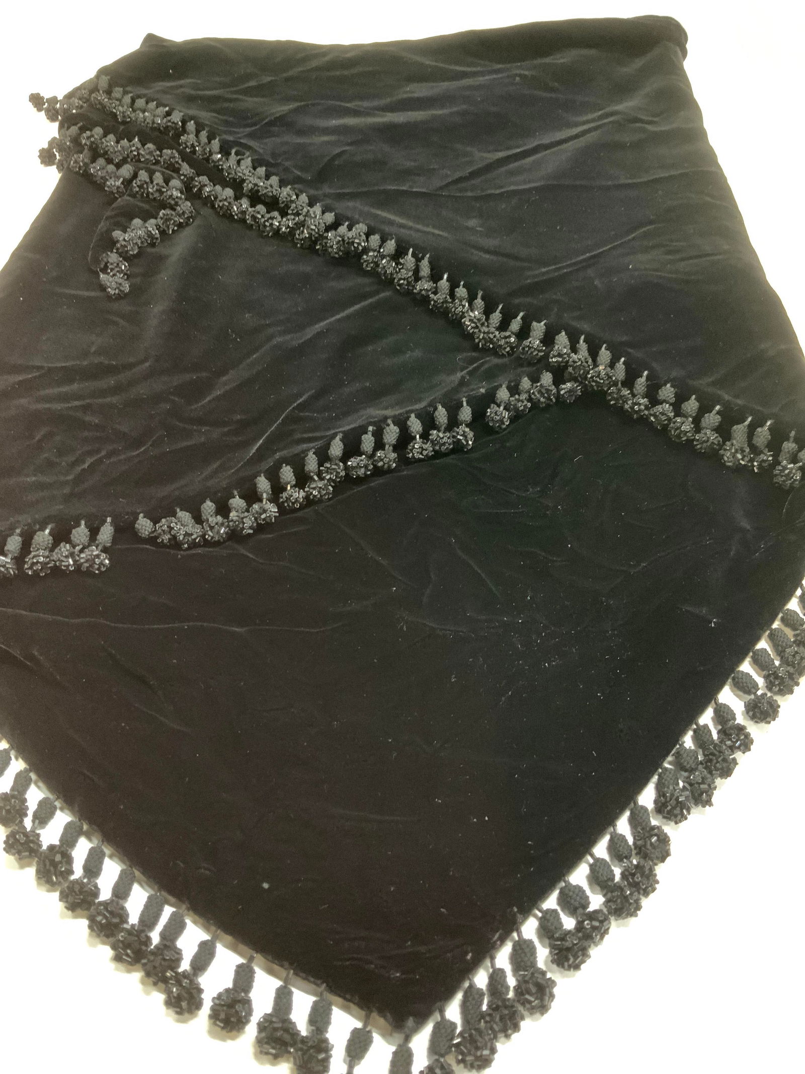 Black Velvet Triangular Shawl w Beaded Tassels (1 of 7)