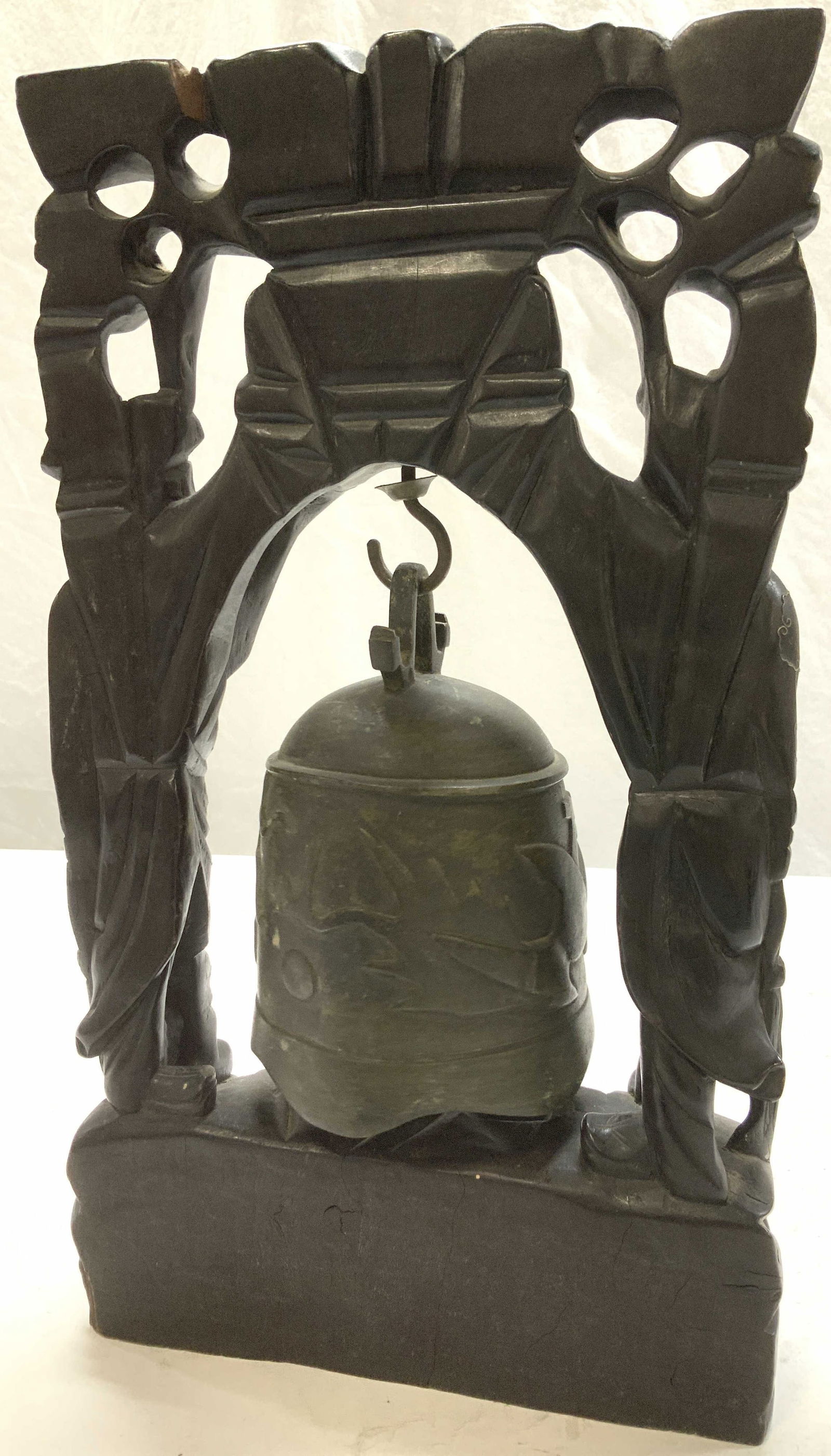 Antique Asian Brass Temple Bell, Carved Wood 14in (1 of 11)