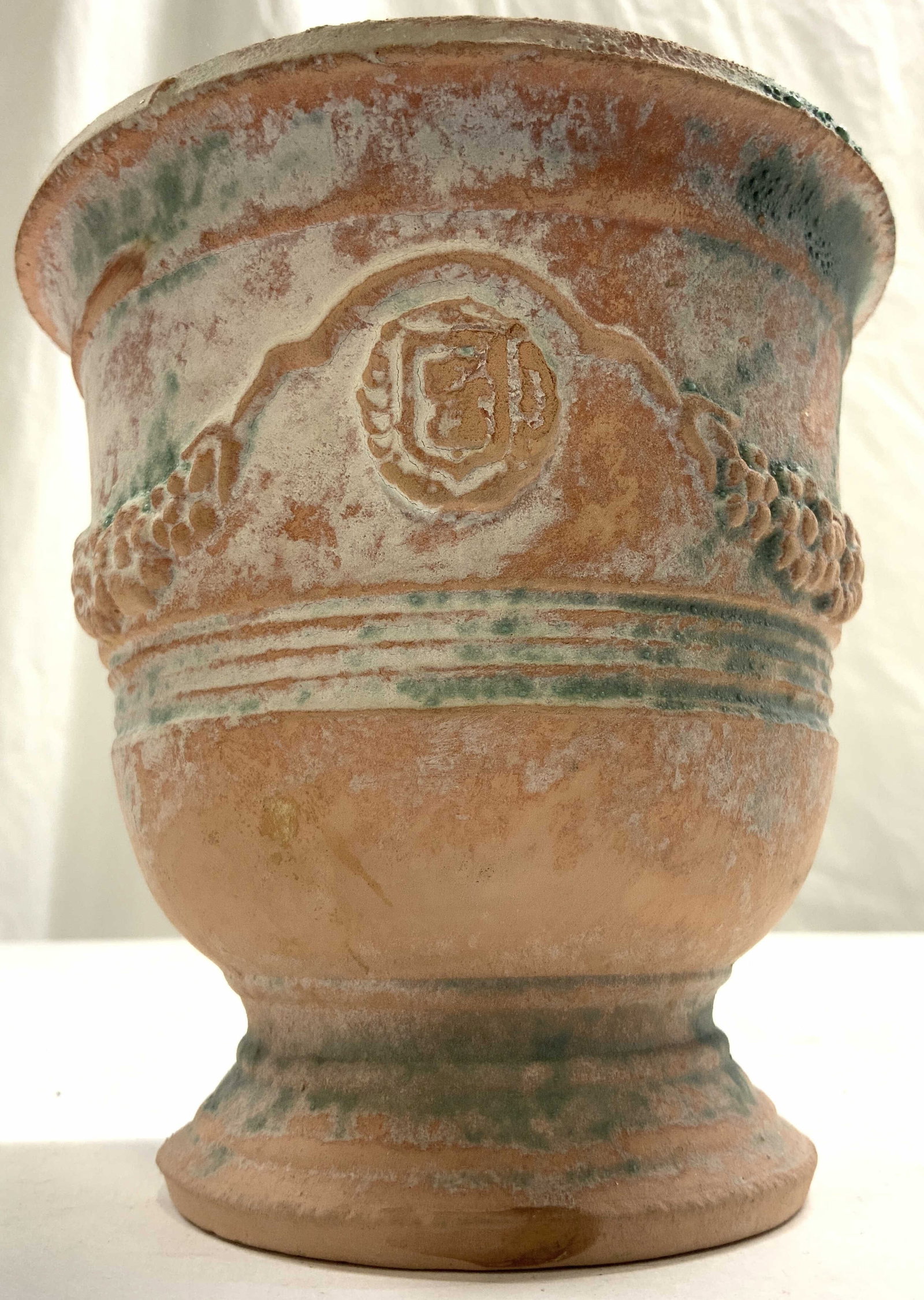 AMPHOLIA ANDUZE Vintage Ceramic Urn Vessel France: Underside is inscribed AMPHOLIA ANDUZE FRANCE. Candle holder is vintage and ceramic. Piece is vintage & has floral & vine detail. Vessel measures approx 5 inches tall 4.75 inches wide. Planter, vessel