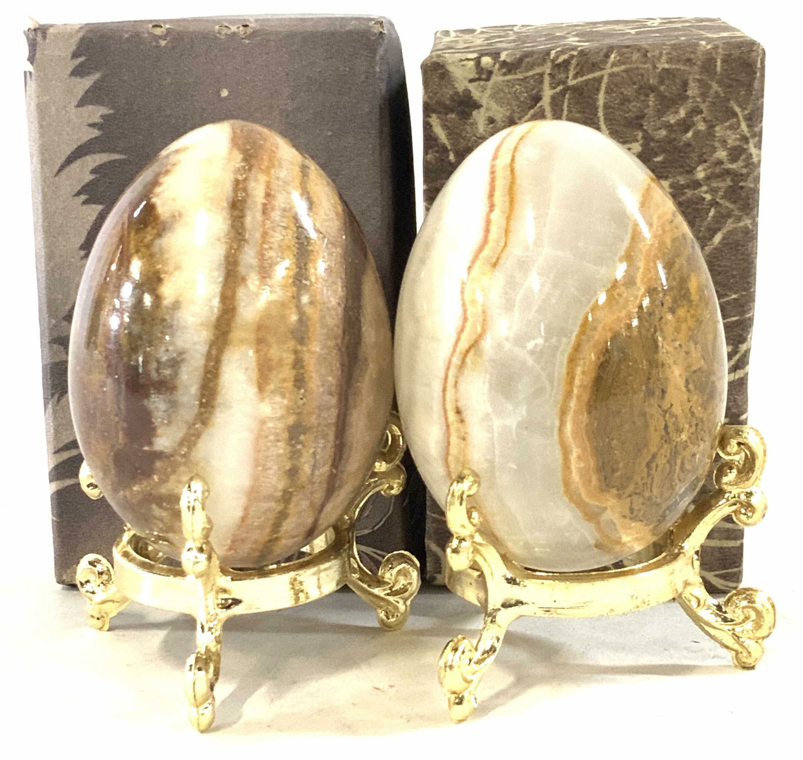 Pair Natural Stone Eggs on Stand, Pakistan, NIB (1 of 6)