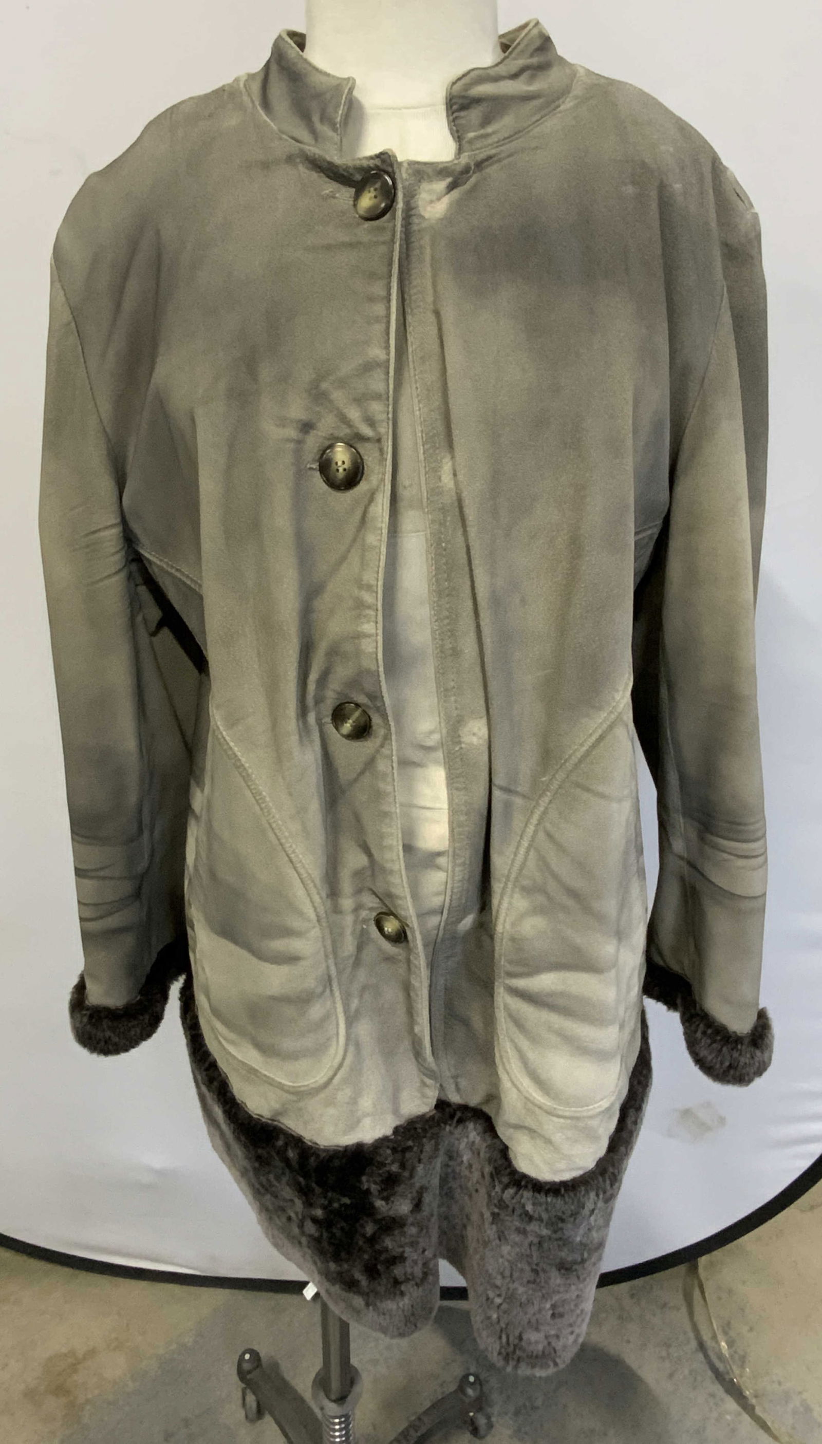 DKNY Grey Suede Faux Fur Trim Coat, Italy (1 of 8)