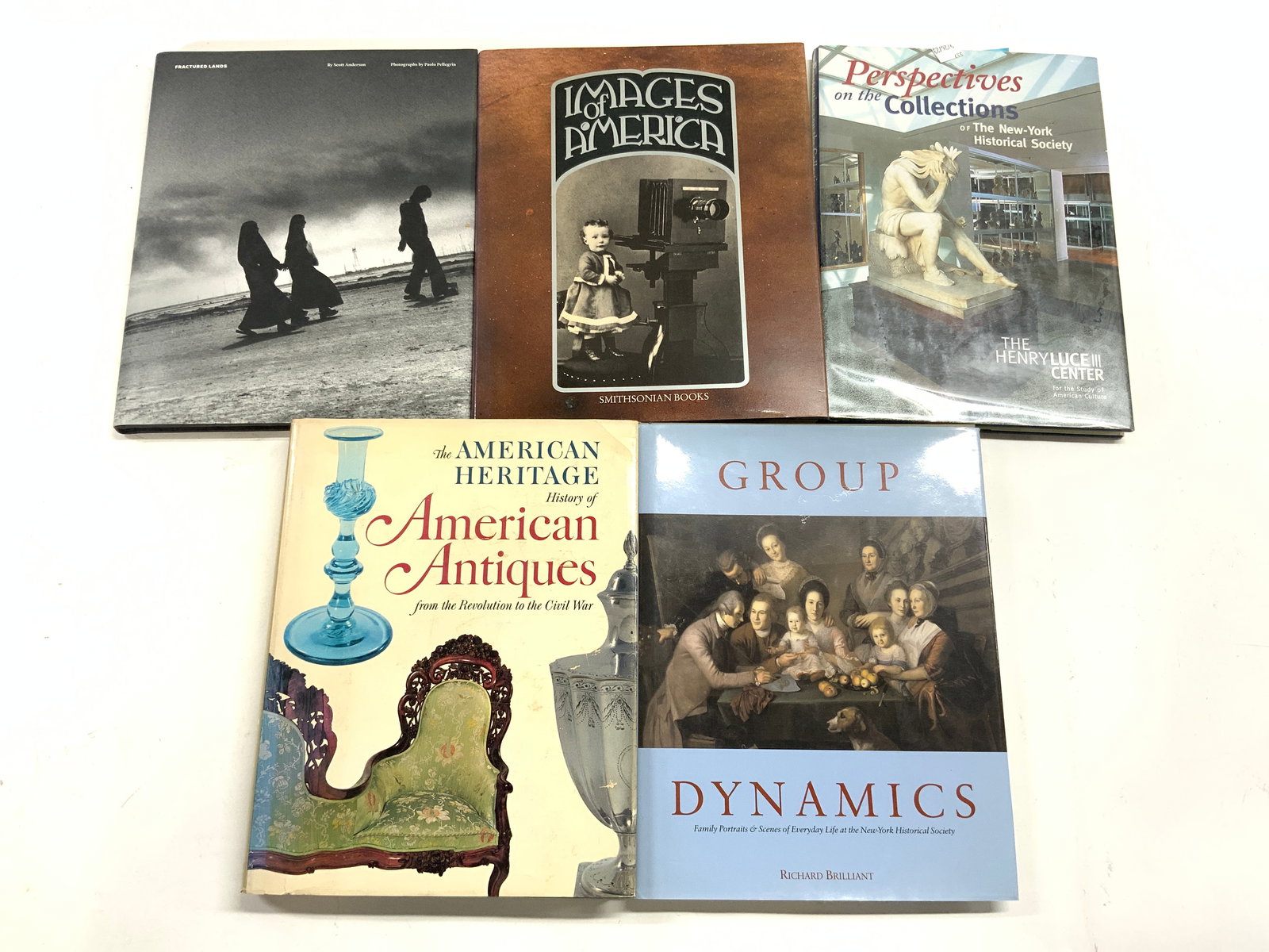 5 Art Books, Antiques & History 1968- 2016: Lot includes The American Heritage History of American Antiques from the Revolution to the Civil War (Publ 1968). Group Dynamics by Richard Brilliant (Publ 2006). IMAGES OF AMERICA Smithsonian Books (