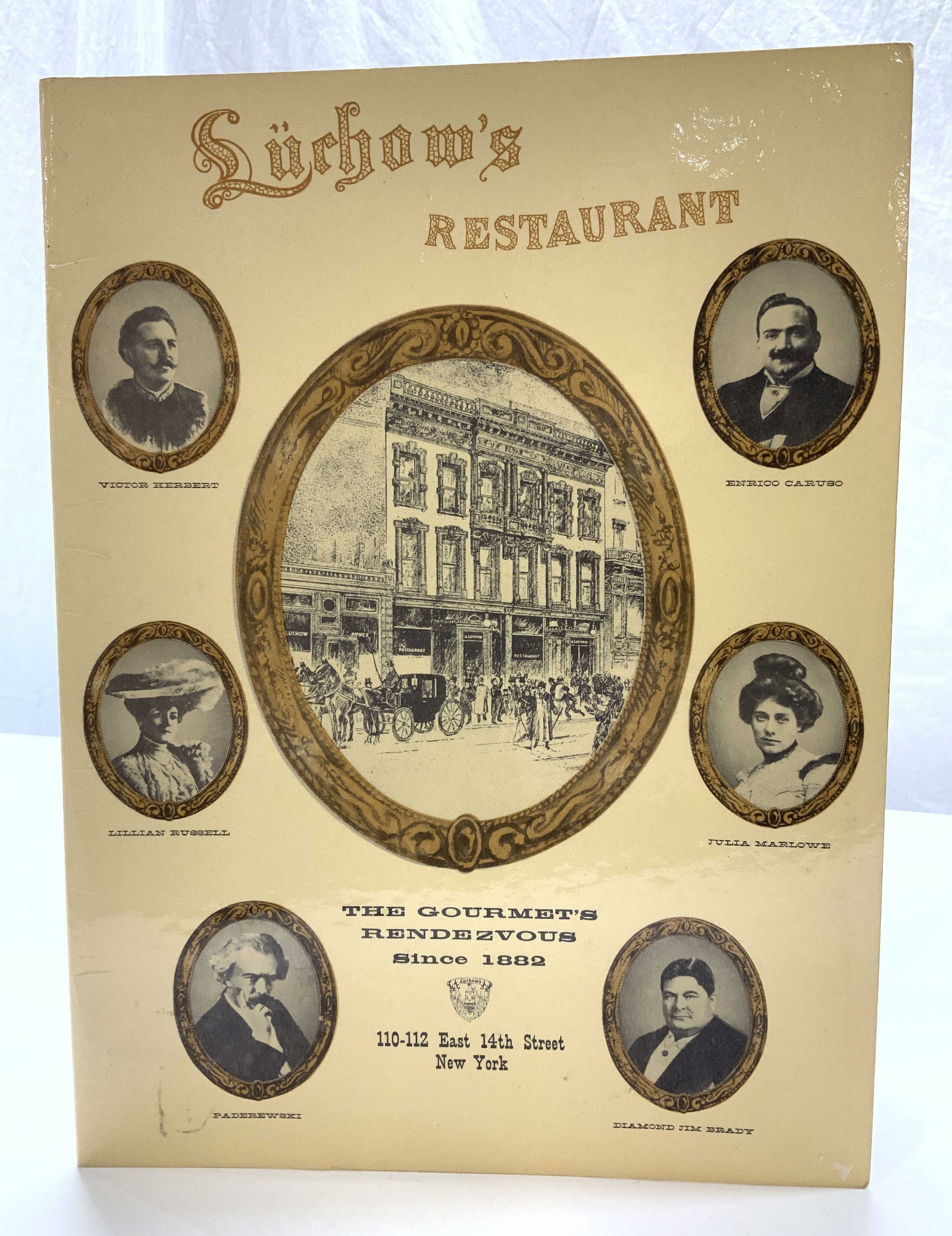 Luchows Restaurant Collectible Laminated Menu: Luchows Restaurant vintage Menu with all German food options. Low prices and comments of famous and iconic elite socialites. Menu measures 13.25 x 10 in. Dated after the late 1950s as per some of the 