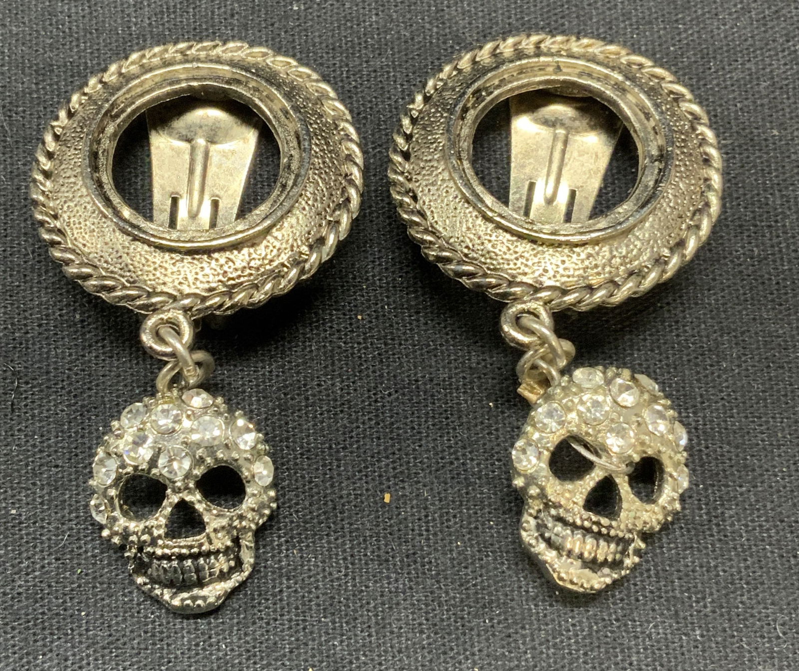 Silver Tn Circle Crystal Skull Dangle Earrings (1 of 6)