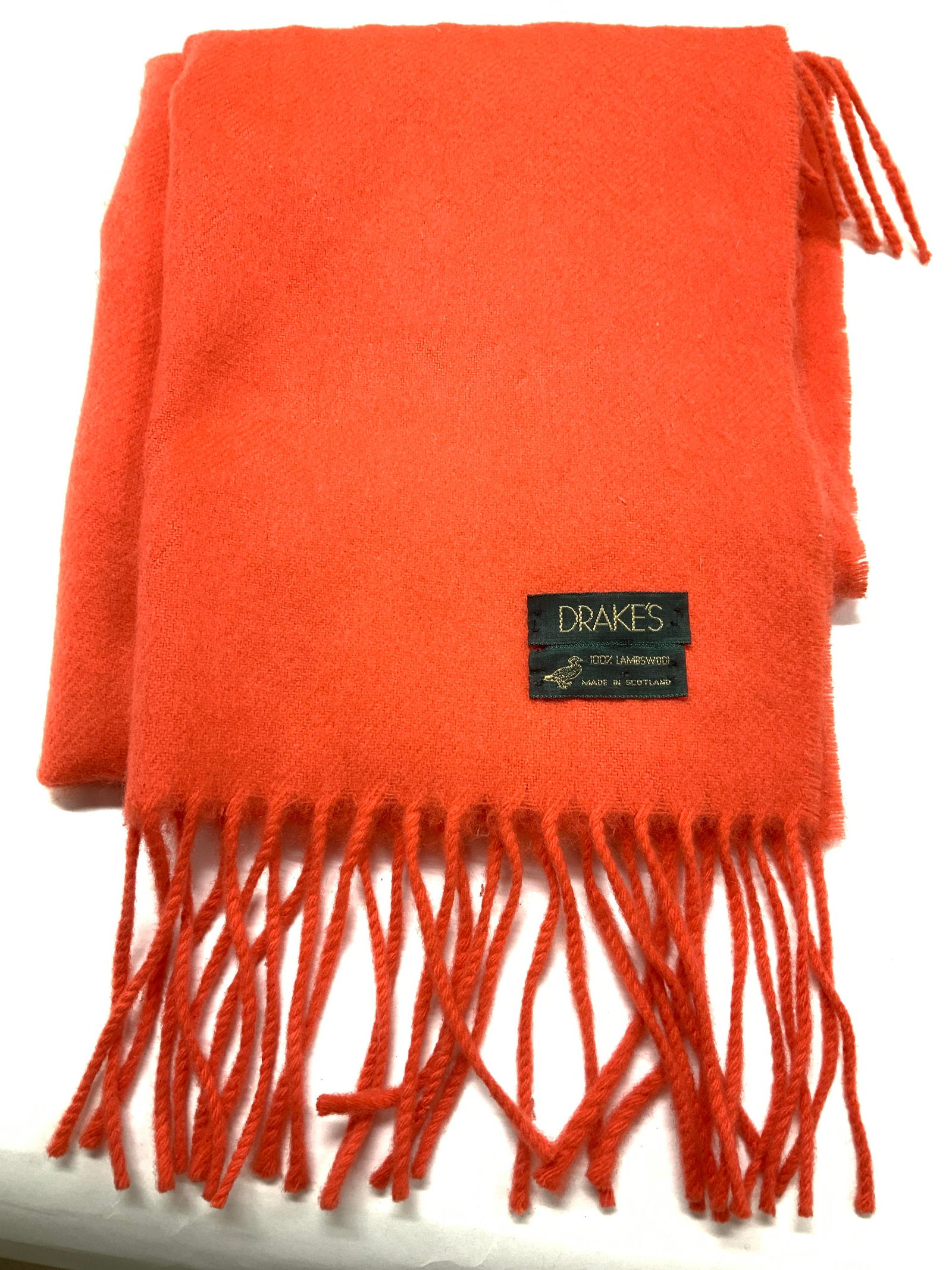DRAKES Lambswool Tassel Scarf, Scotland: Orange Lambswool scarf made in Scotland. Affixed label , DRAKES. Measures 15 x 64 in. Light wear to fabric including a few pinholes. Vintage Wear, Estate wear, wearables , winter accessories, unisex S