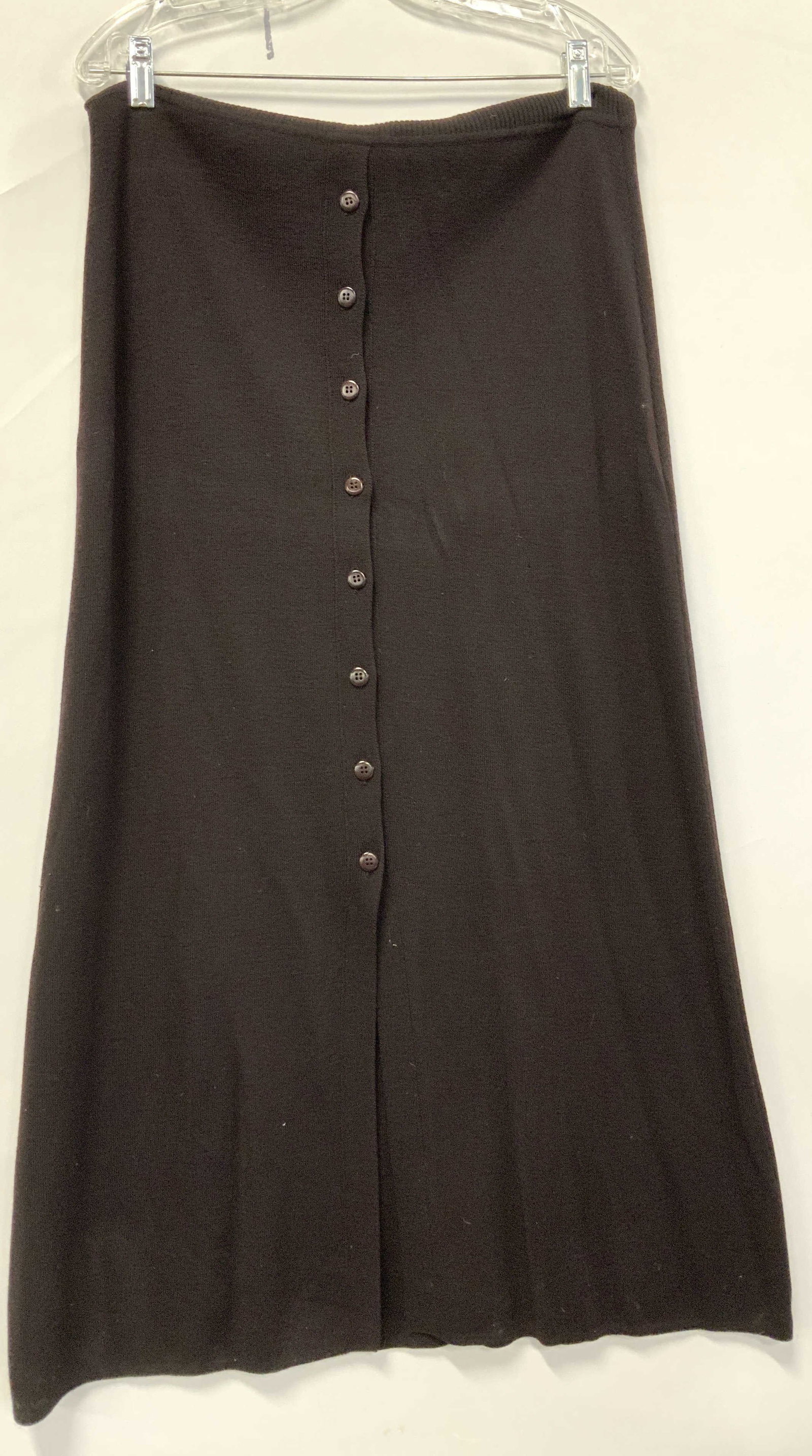 Donna Karen/Bergdorf Goodman Wool Skirt, Italy: Donna Karen for Bergdorf Goodman brown wool knit skirt, size large. High waisted tube skirt with front buttons, size large. Fold over ribbed tube. Noted a few small punctures on backside and near fron