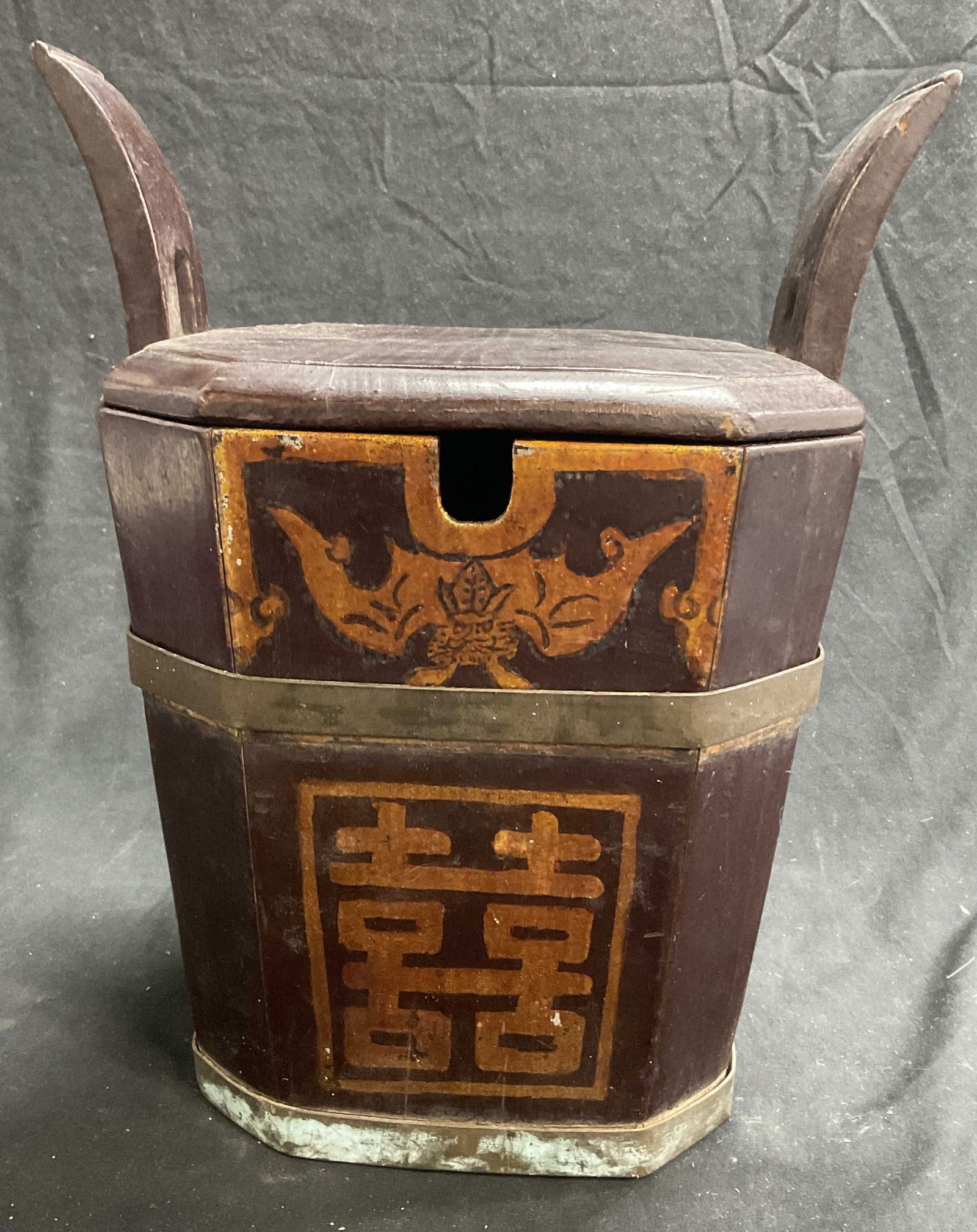 Vtg Wooden Hand Carved Brass Bound Rice Bucket (1 of 7)