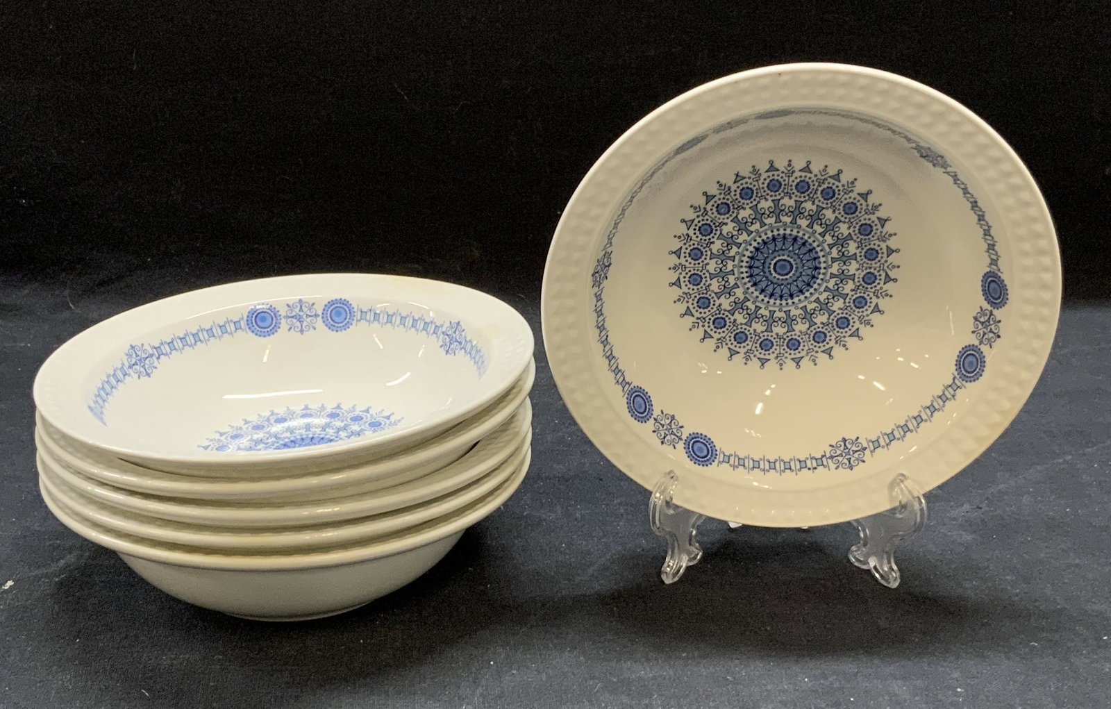 Set 6 Pontessa Ironstone Mandala Bowls, Spain: Set of 6 Pontessa ironstone bowl with mandala motif. Trademarked to undersides. Made in Spain. Some surface wear to each consistent with exposure. Measure approx. 5.5 x 1.5 inches each. Pontessa, Pont