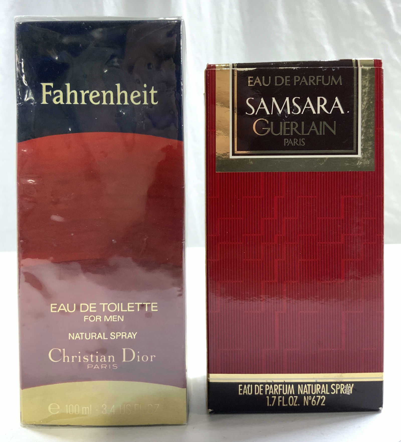 DIOR FAHRENHEIT EDT NIP & GUERLAIN SAMSARA EDP: Lot includes 1 bottle of DIOR FAHRENHEIT EAU DE TOILETTE 3.4 oz 100ml box measures approx 5.5 inches tall 2.25 inches wide & deep. New In Packaging. & 1 bottle of GUERLAIN SAMSARA EAU DE PARFUM 1.7 oz
