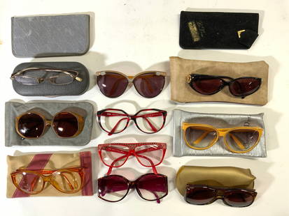 Lot 10+ Assorted Eye Glasses & Cases: Lot includes 10 pairs of glasses & 8 eye glass bags/ cases. Includes brands such as CHRISTIAN DIOR, KRIZIA, ANNE MARIE PERRIS & more. Largest pair of glasses measures approx 6.15 inches wide 5.5 inche