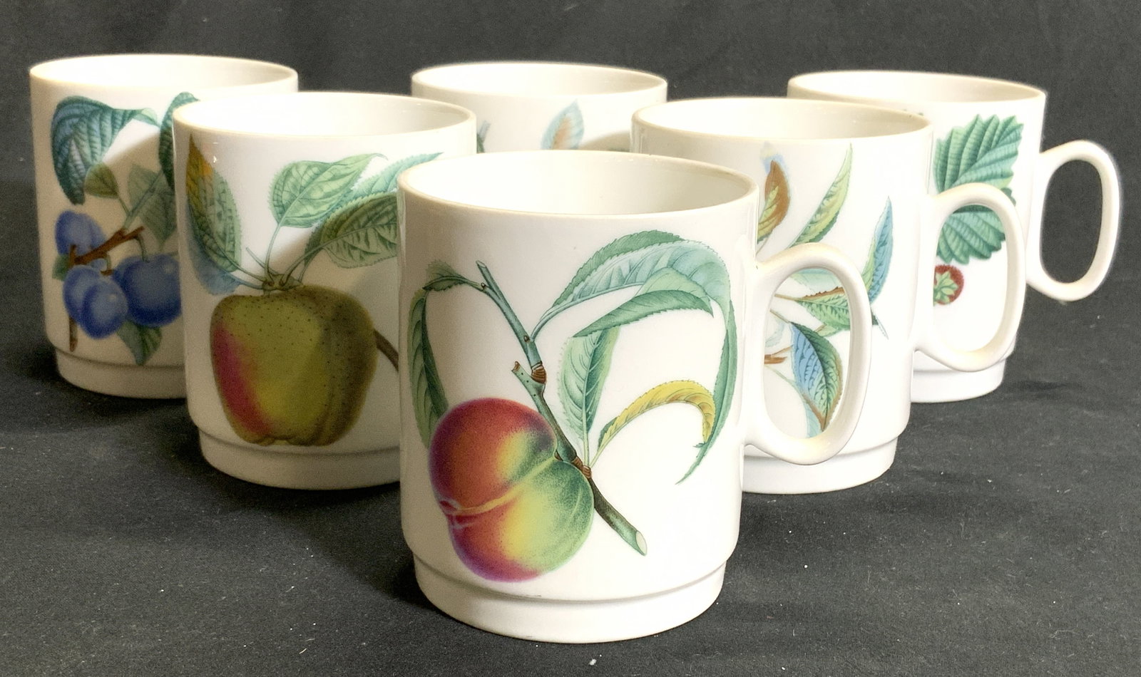 AK KEISER 6 Porcelain Coffee Cups W GERMANY: Undersides marked AK KEISER W GERMANY. Lot includes 6 cups Each has fruit & leaf detail. Cups are porcelain. Each measures approximately 3.25 inches tall 2.75 inches wide 3.5 inches deep. Coffee cups,