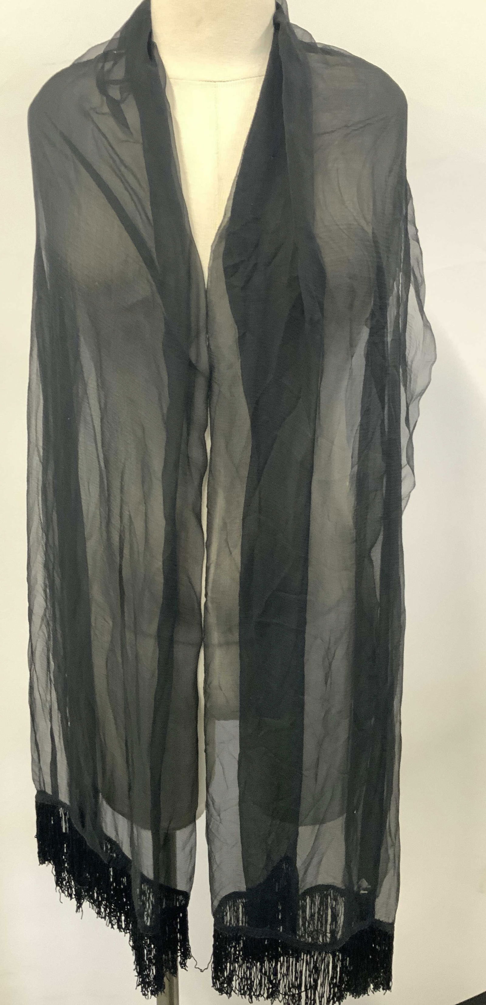 Black Silk Fringed Sheer Scarf/ Shawl (1 of 6)
