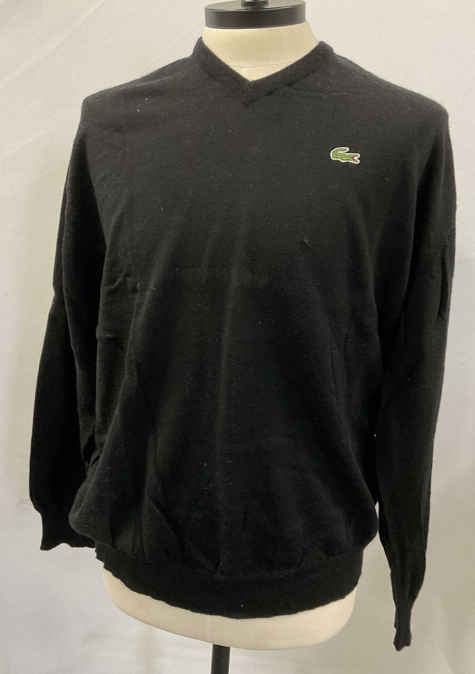 LACOSTE Black Wool V Neck Sweater, France: LACOSTE Black 100% Wool V Neck Sweater. Made in France. Size 8. Some surface wear consistent with age, and use. Some residue and snags present. Menswear, men's sweater winter fashion, luxury accessori
