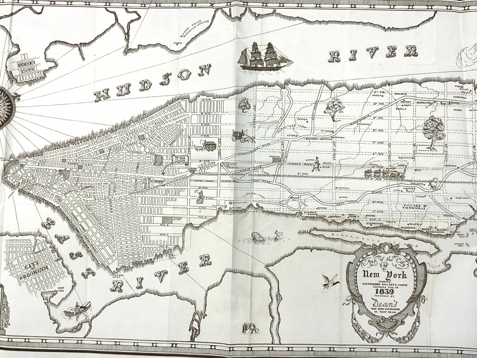 Map Of New York City, 1839 Silk Screen: A silk screen print of a Map of New York City, 1839, showing surrounding villages, farms and estates. Prepared by Deans Who Were Established in that year. Approx 15,25 x 24.25 inches Moderate discolor