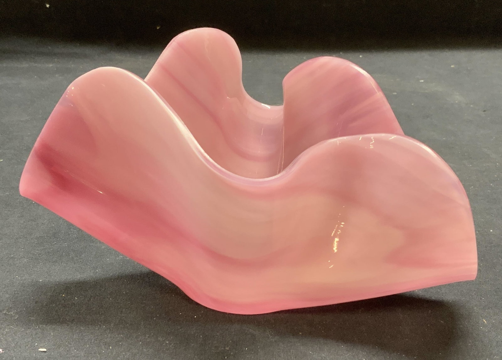 Salli Alaska Pink Handkerchief Glass Bowl: Salli Alaska pink marbleized art glass bowl. Handkerchief glass body. Signed to underside. Measures approx. 7.5 x 5.5 x 4.5 inches. Some scratching observed. Salli Alaska, Salli Alaska bowl, Art glass