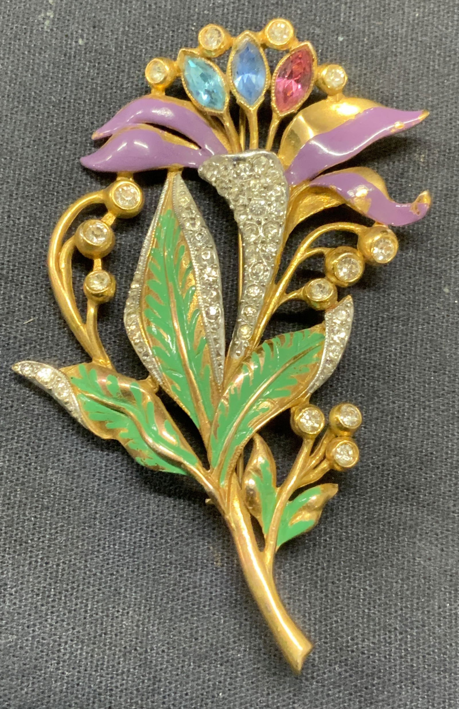Vintage Gold Tn Enamel Crystal Flower Brooch 3In (1 of 6)
